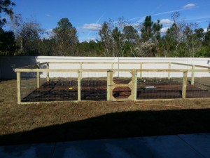 Fenced raised vegetable garden with potting soil